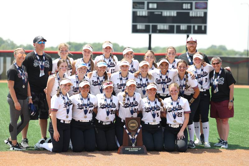 Antioch poses with the 2nd place trophy after the game against Lemont in the Class 3A state championship game on Saturday, June 10, 2023 in Peoria.
