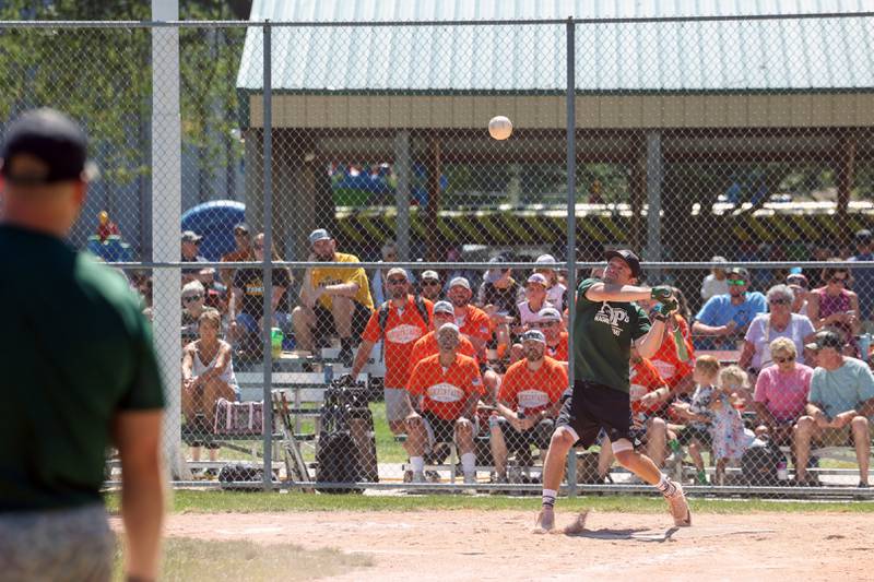 Brock Pfeiffer, a 2010 Herscher High School graduate now of Limestone, prepares to hit the ball during the 104th annual Herscher Labor Day Celebration 16-inch softball tournament on Monday, Sept. 1, 2025. The Pop's Wagner Farms team, composed of Herscher area family and classmates, would finish third on championship day.