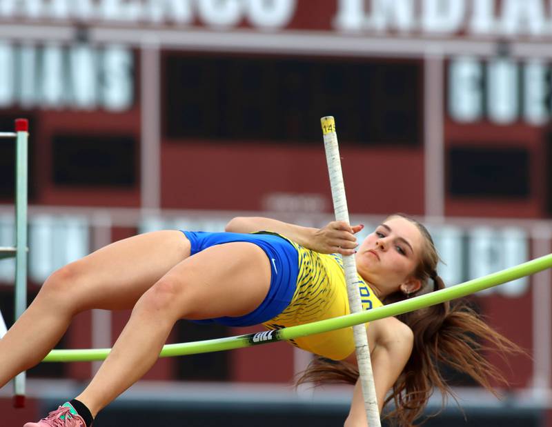 Johnsburg’s Carly Duck competes in the pole vault during KRC Conference Track Meet action at Marengo High School in Marengo on Tuesday, May 6, 2025.