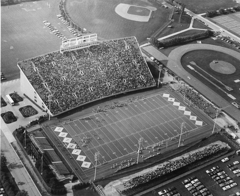 Northern Illinois University stadium during a 1976 football game.
