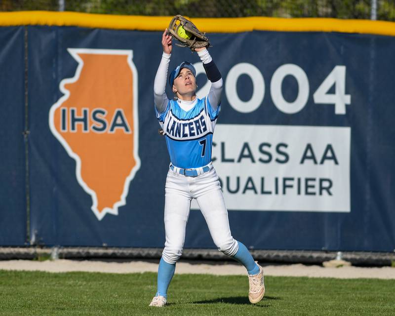 Lake Park's Reese Nolbertowicz (7) catches the ball during the game on Wednesday April 24, 2024, while taking on St. Charles North.