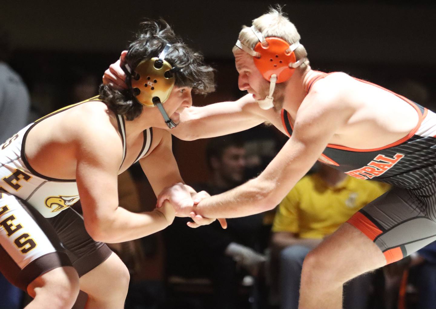 Crystal Lake Central’s Ethan Stroh, right, battles Jacobs’ Jesus Reyes at 175 pounds in varsity boys wrestling on Tuesday, Jan. 20, 2026 at Crystal Lake Central High School in Crystal Lake.