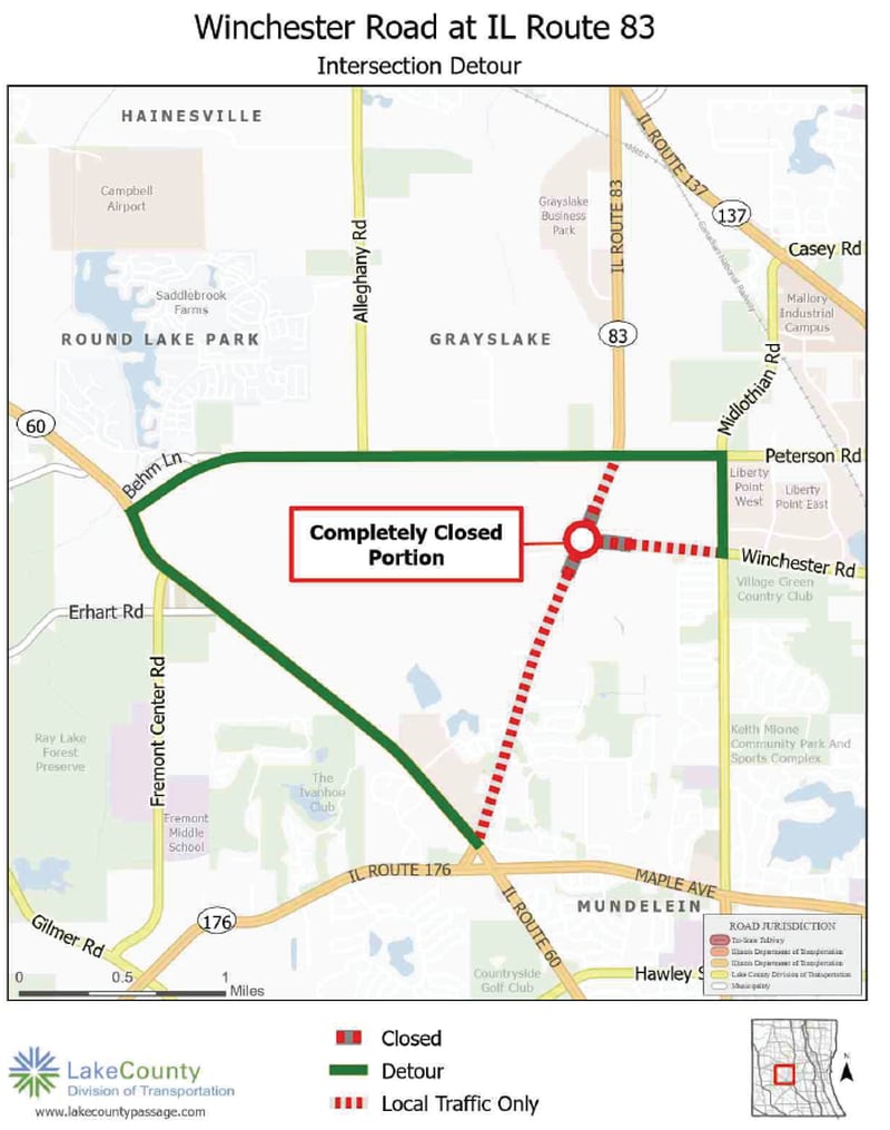 The Lake County Division of Transportation will close the intersection of Winchester Road and Illinois Route 83 beginning the morning of July 7.