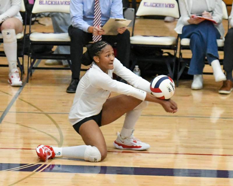 Benet Academy's Brooklynne Brass (5) bumps the ball during the first of two games on Thursday Nov. 7, 2024, while taking on St. Charles North during th 4A sectional championship game held at West Aurora High School.