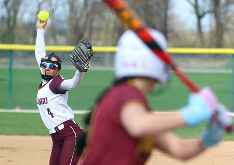 Marengo’s Jozsa Christiansen delivers against Richmond-Burton in varsity softball on Tuesday, April 22, 2025, at Marengo High School in Marengo.