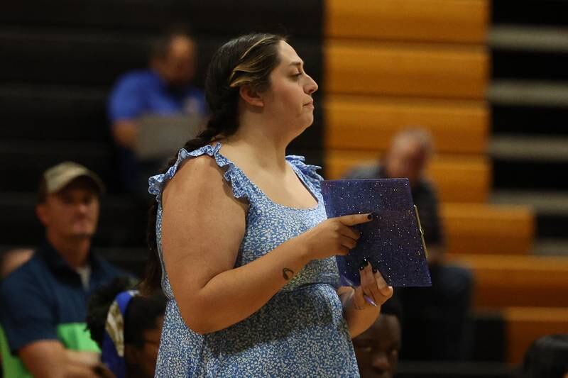 Romeoville head coach Paige Reinert singals in the play against Joliet West on Thursday, Sept. 5, 2024 in Joliet.