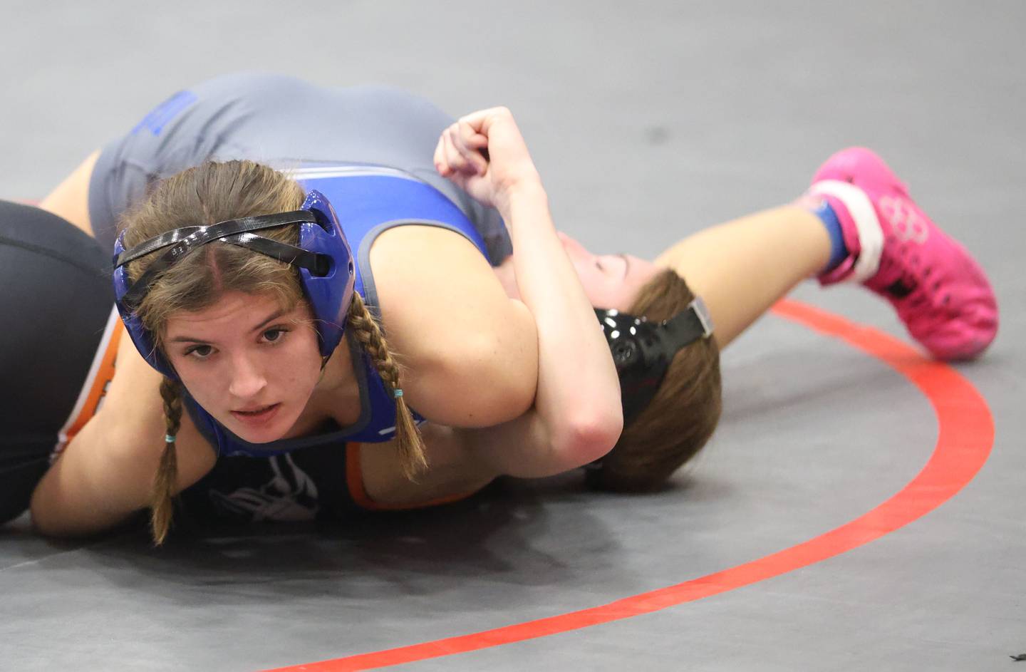 Princeton's Jadeyn Klingenberg wrestels a Kaneland opponent during a meet on Thursday, Jan. 22, 2026 in Sellett Gymnasium at L-P High School.