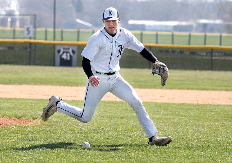 Kaneland pitcher Preston Popovich comes of the mound to make a play during their game against DeKalb Saturday, April 12, 2025, at Kaneland High School in Maple Park.