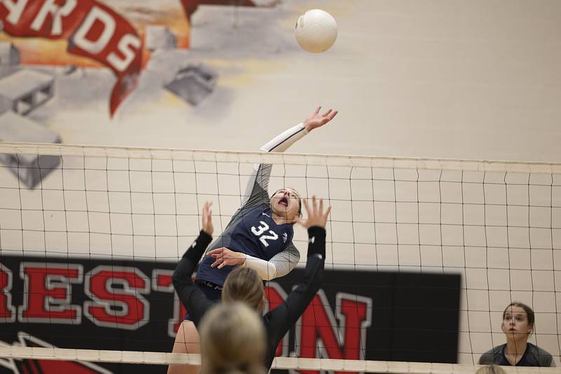 River Ridge’s Addison Albrecht works the net Wednesday, Nov. 2, 2022 in the sectional championship game against Newman.