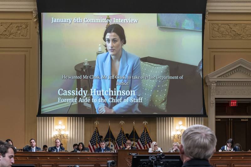 Cassidy Hutchinson, a top former aide to Trump White House Chief of Staff Mark Meadows, is seen in a video of her interview with the House select committee investigating the Jan. 6 attack on the U.S. Capitol, during a hearing on Thursday, June 23, 2022, at the Capitol in Washington. (AP Photo/J. Scott Applewhite)