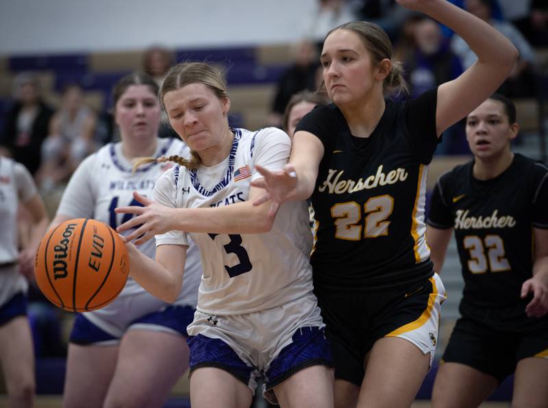 Wilmington's Nina Egizio, left, controls the ball as Herscher's Kendahl Wakey, right, guards in a game on Thursday, January 29, 2026.