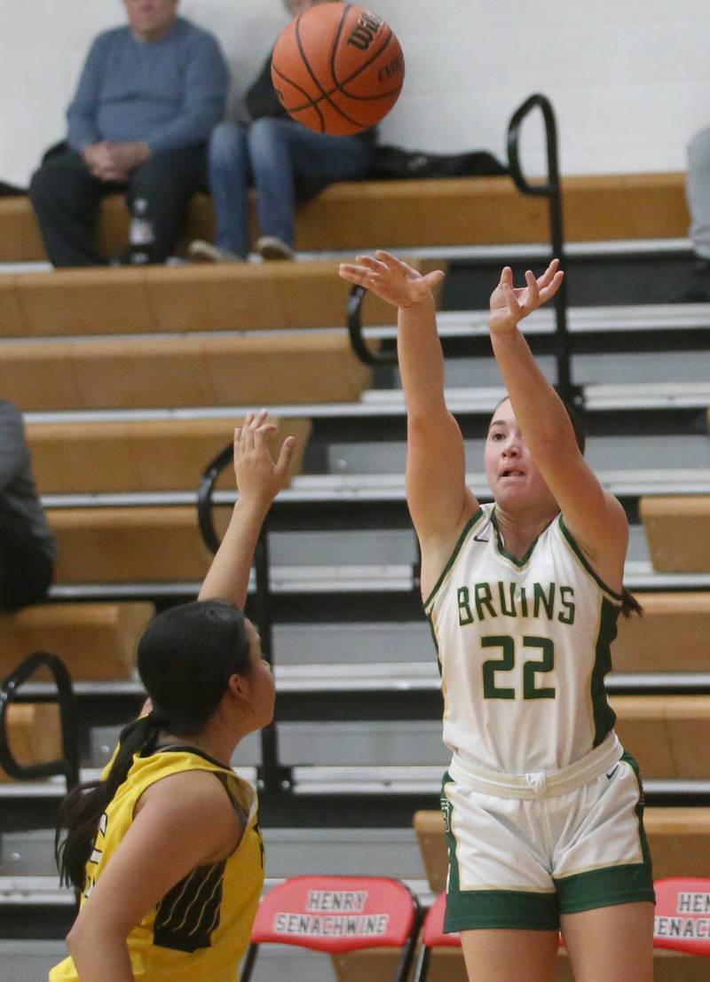 St. Bede's Ella Hermes shoots a jump shot over Putnam County's Esmeralda Avila during the Tri-County Conference Tournament championship game on Thursday, Jan. 18, 2024 at Henry-Senachwine High School.