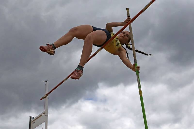 Johnsburg's Carly Duck sets a personal best in the pole vault during the IHSA Class 2A Johnsburg Girls Track and Field Sectional Meet on Wednesday, May 13, 2026, at Johnsburg High School.