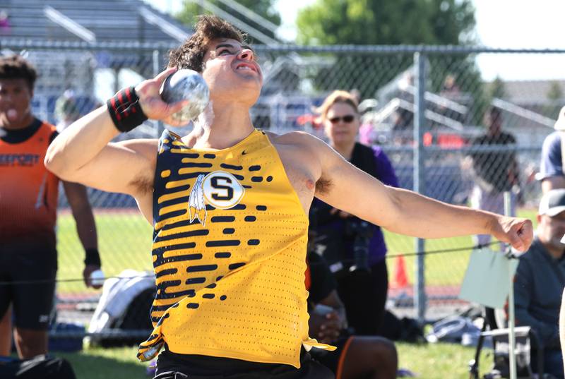 Sterling’s Gavino Munoz Ripley takes one of his throws in the shot put Wednesday, May 20, 2026, during the Class 2A boys track sectional at Rochelle High School.