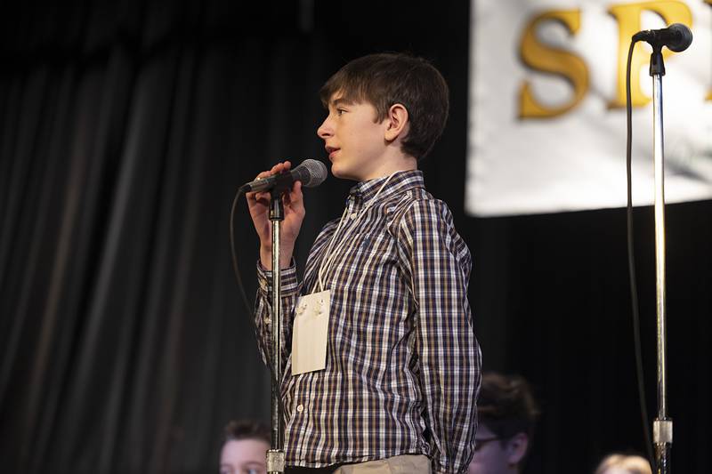 Asher Weilacher of Aplington Middle School competes Thursday, Feb. 19, 2026, during the Lee-Ogle-Whiteside County Regional Spelling Bee. Weilacher missed in round 4  on the word lyricist.