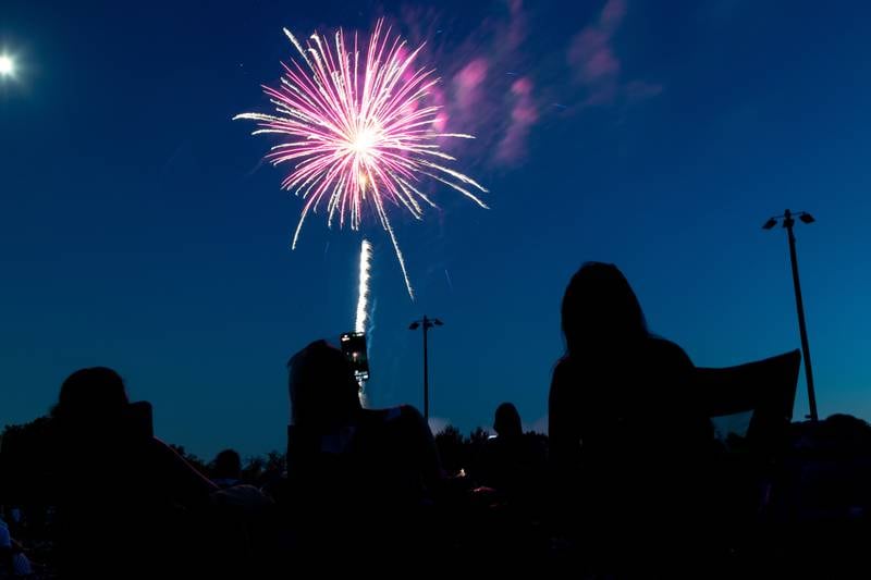 Spectators watch the “July 4th Fireworks” at Langum Park in St. Charles on Friday, July 4, 2025.