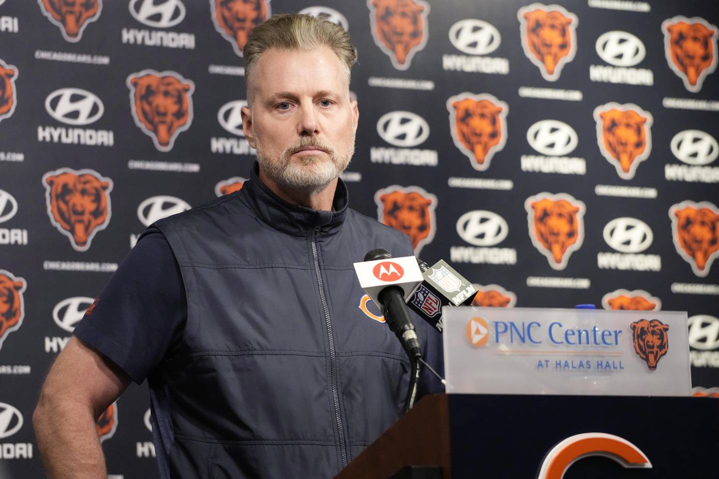 Chicago Bears head coach Matt Eberflus listens to reporters during a news conference before the NFL football team's rookie camp at Halas Hall in Lake Forest, Ill., Friday, May 10, 2024. (AP Photo/Nam Y. Huh)