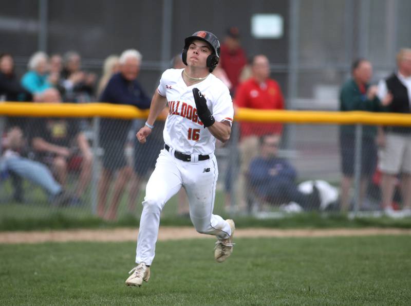 Batavia’s Bryce Burgoni scores a run during a home game against Geneva on Monday, April 29, 2024.