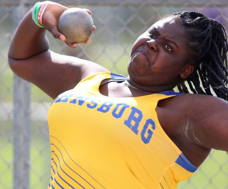 Johnsburg’s Stori Hurckes competes in the shot put during KRC Conference Track Meet action at Marengo High School in Marengo on Tuesday, May 6, 2025.
