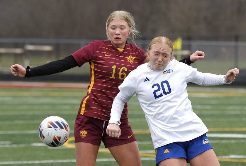 Richmond-Burton's Elle Barrettsmith battles with Johnsburg's Kayla Hiller for control of the ball during a Kishwaukee River Conference soccer game on Tuesday, April 1, 2025, at Richmond-Burton High School.