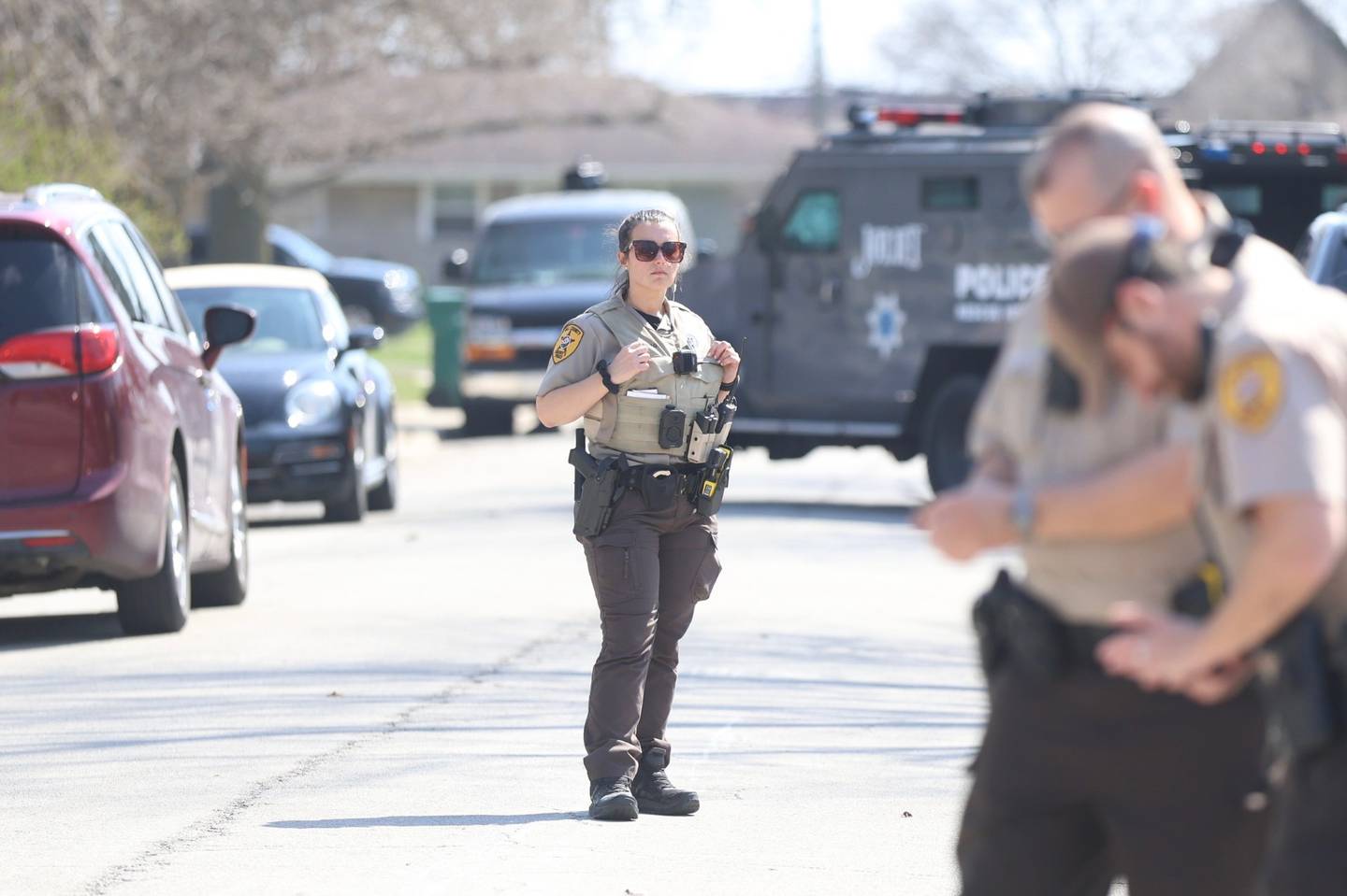 Will County sheriff's police in the area of McDonnaugh Street and Hammes Avenue in Joliet as a person is barricaded inside a home after fleeing from a traffic stop on Monday, March 30, 2026.