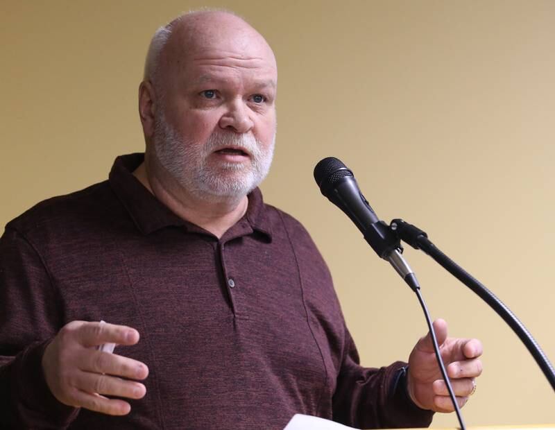 Oglesby mayoral candidate James Cullinan delivers a speech during a mayoral and commissioner candidate forum on Wednesday, March 8,  2023 at the Oglesby Public Library.