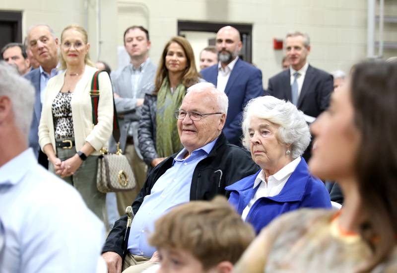 Former St. Charles Mayor Fred Norris (center) was acknowleged by St. Charles Mayor Clint Hull after Hull was sworn in on Monday, May 5, 2025 at the St. Charles Fire Department.
