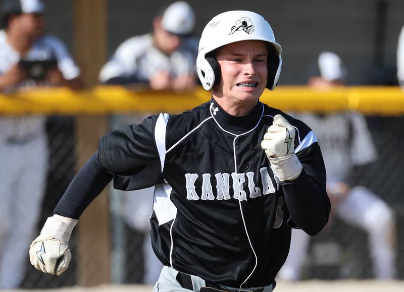 Kaneland's Caleb Cornell legs out an infield single Tuesday, April 28, 2026, during their game against Sycamore at the Sycamore Community Sports Complex.