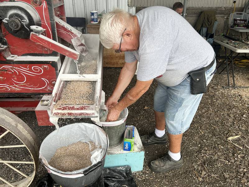 Volunteer Charles Pulley captures flour from wheat berries while running the mill at the Bos Brothers Historical Farm south of Erie on Saturday, July 26, 2025. This year's event focused on harvesting wheat.