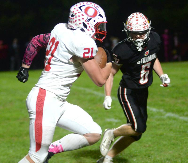 Oregon's  Zandyr Withers (21) heads to the end zone after catching a pass against Stillman Valley in first half action on Friday, Oct. 10, 2025.