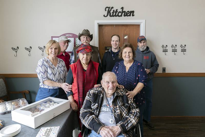 Family gathers around Bob Chamberlin on Friday, March 21, 2025, at Liberty Court in Dixon to celebrate his 101st birthday. Pictured are Sue Andrew (left), Bob’s niece; Tex Bellows; Alicia Chamberlin, wife of 33 years; nephew John Andrew; great-nephew Carson Andrew; niece Gig Bellows; and nephew Dave Little.