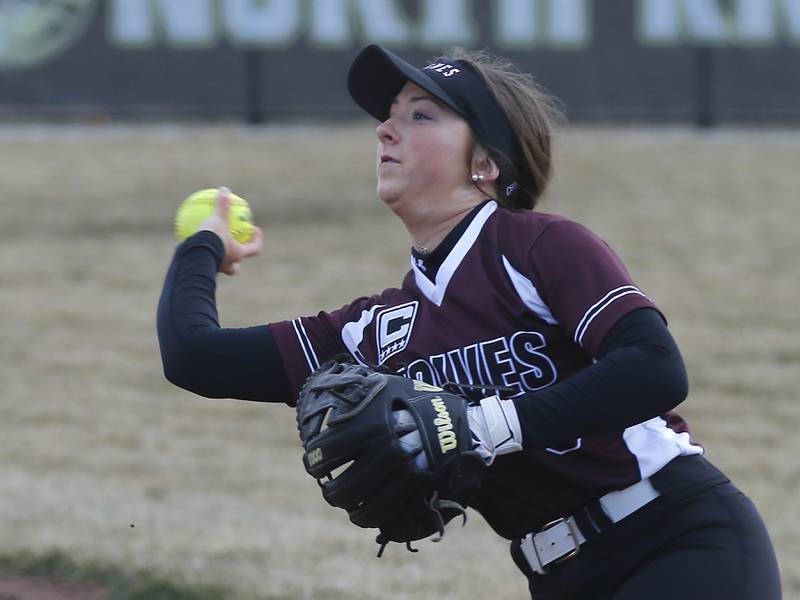 Prairie Ridge’s Mary Myers throws the ball to first base during a nonconference softball against Grayslake North Thursday. March 23, 2023, at Grayslake North High School.