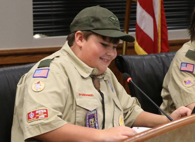 Boy Scout Troop #123 member Brayden Lindbergh smiles while asking questions Thursday, Jan. 23, 2025 in the council chambers inside Peru City Hall. The troop asked questions to Peru Mayor Ken Kolowski while earning their citizenship in the community merit badge. Members asked questions and learned how Peru functions as a city of government.