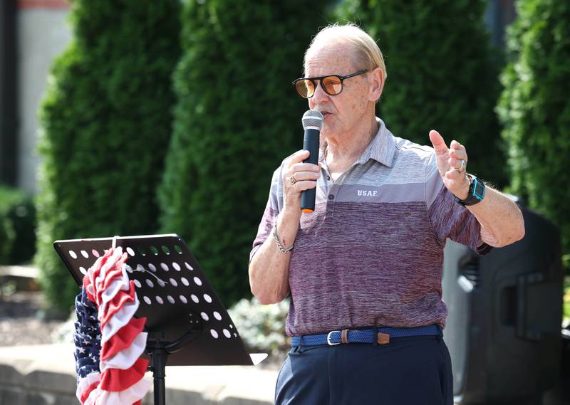 Michael Embrey, a US Air Force veteran, speaks Thursday, Aug. 22, 2024, during the DeKalb Veterans Memorial Mural dedication in Van Buer Plaza in downtown DeKalb.