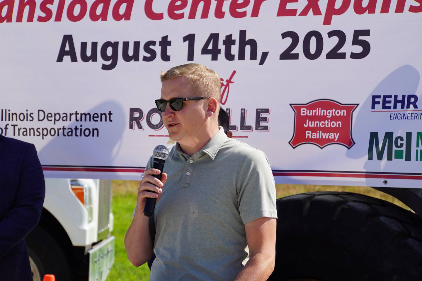 City of Rochelle Economic Development Director Tom Demmer speaks at the City of Rochelle's groundbreaking for the expansion of its Rochelle Intermodal Transload Center at 1851 S. Steward Road on Aug. 14.