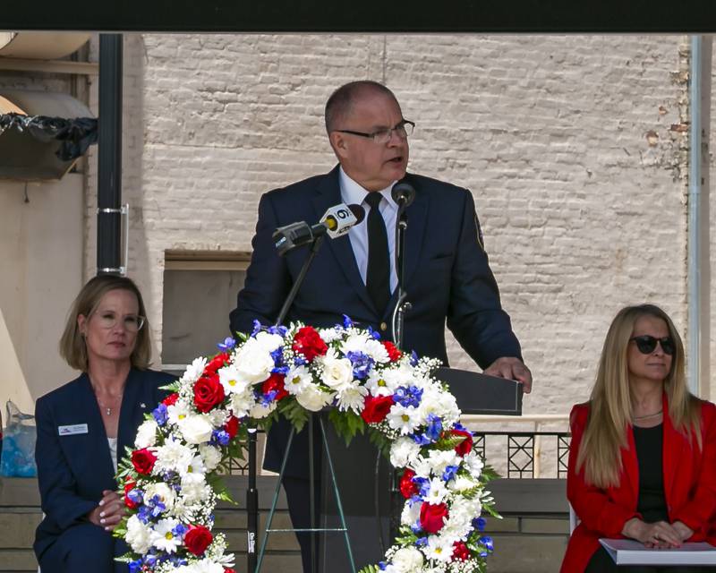 Gary Picha, Master of Ceremonies, speaks during the Memorial Day Commemoration at Joliet City Square.  May 20, 2026 in Joliet.