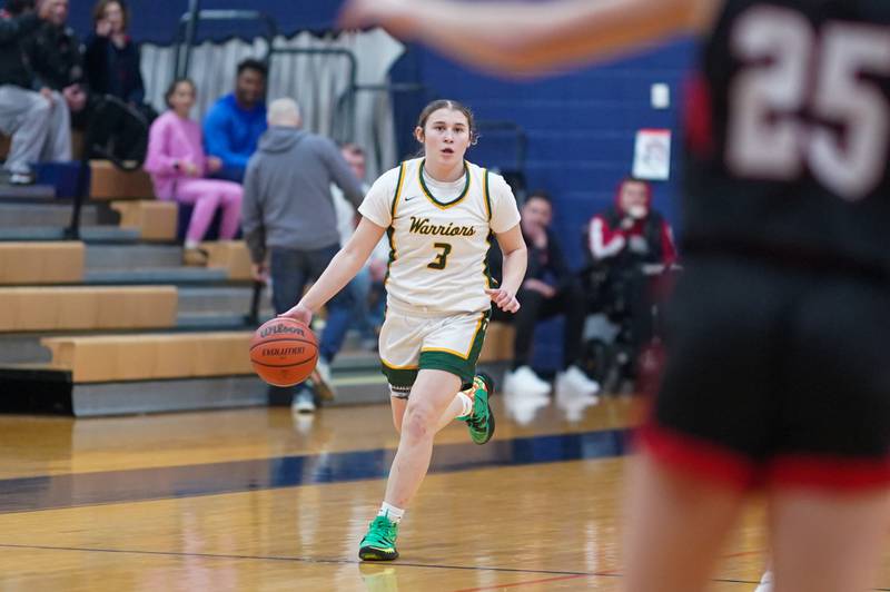 Waubonsie Valley's Maya Cobb (3) brings the ball up the court during a Class 4A Oswego Sectional final basketball game against Benet at Oswego High School on Thursday, Feb 22, 2024.