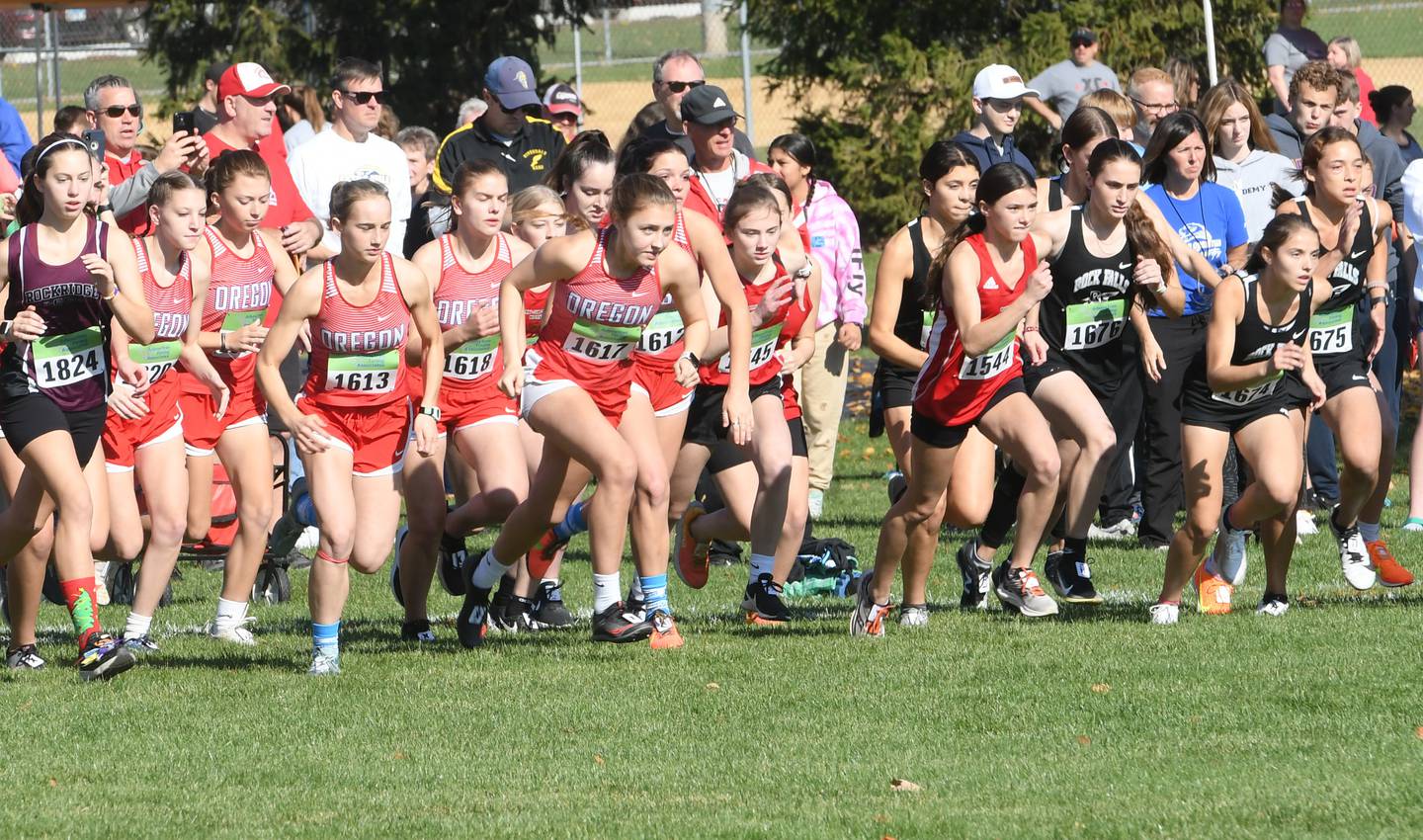 Oregon's Ella Dannhorn heads to the finish line at the Oregon and Rock Falls runners start the 1A sectional race at Oregon Park West on Saturday, Oct. 29.