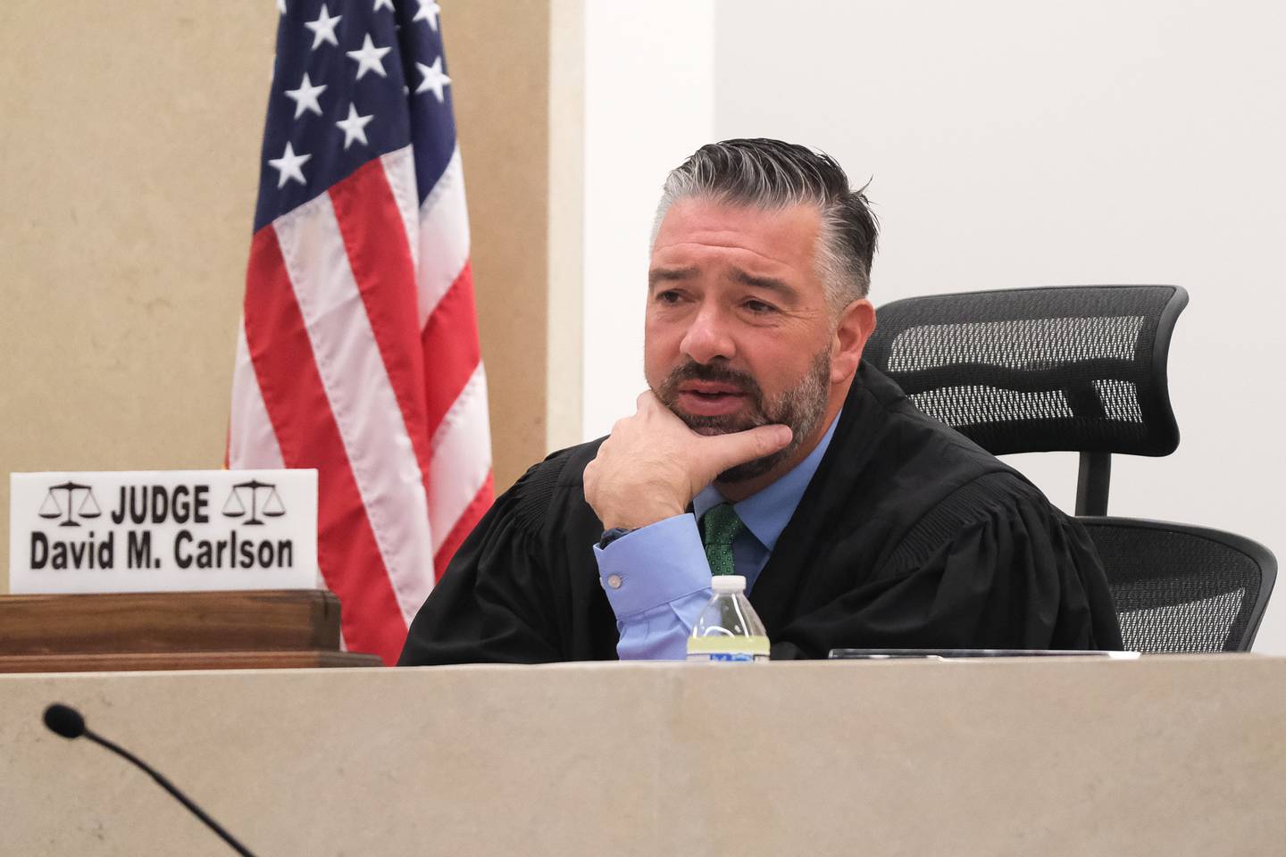 Judge David Carlson talks to the defense during the Jeremy Boshears trial. Boshears is charged with the murder of Kaitlyn “Katie” Kearns, 24, on Nov. 13, 2017. Monday, April 25, 2022, in Joliet.