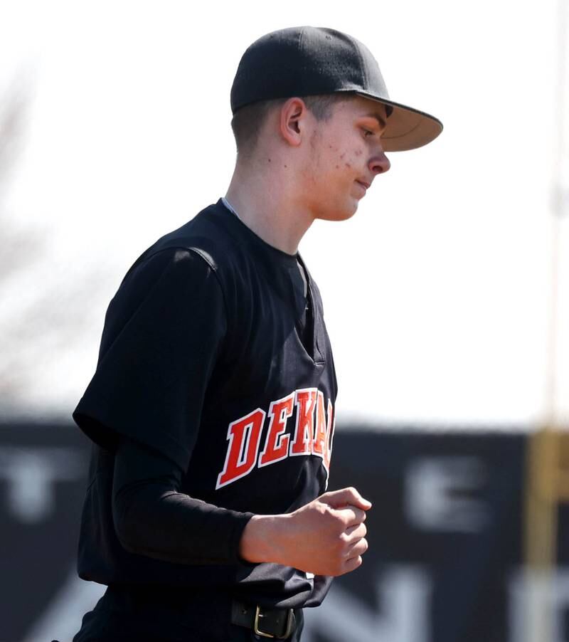 DeKalb's Jackson Kees pumps his fist after recording his 200th strikeout during their game Saturday, April 12, 2025, at Kaneland High School in Maple Park.