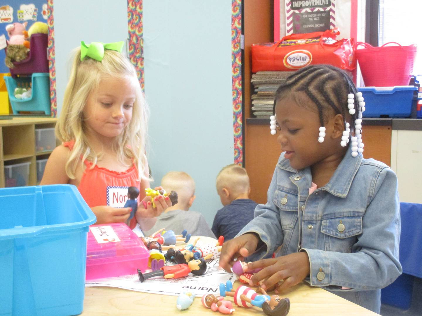 Kindergarten students Nora Crosby, left, and Cherish Daniels were playing together on the first day of classes at Circle Center Grade School in Yorkville on Aug. 25, 2022.
