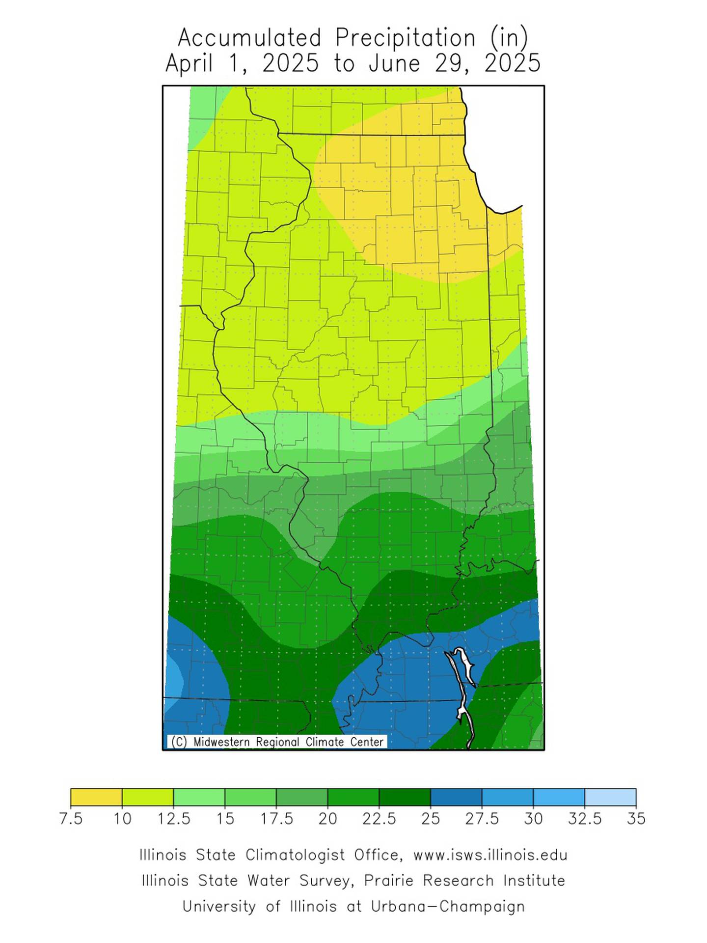 Map shows precipitation across Illinois from April 1 through June 29, 2025.