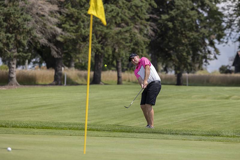 Kyle Davis chips towards the hole on #3 Sunday, July 21, 2024 during the final round of the 102nd Lincoln Highway golf tournament. The tournament was held at Emerald Hill in Sterling.