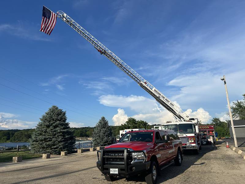 The Oregon Fire Department's ladder truck was one of the vehicles on display at a "Touch-A-Truck" event held during the River's Edge Farmers Market in Oregon on Thursday, June 26, 2025. The market is held Thursday nights through the summer.