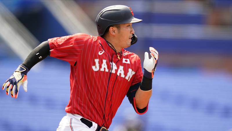 Japan's Seiya Suzuki plays during a baseball game at Yokohama Baseball Stadium during the 2020 Summer Olympics, Saturday, July 31, 2021, in Yokohama, Japan.
