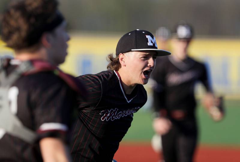 Marengo's Alex Johnson celebrates his win over Johnsburg in a Kishwaukee River Conference baseball game on Wednesday, April 22,2026, at Johnsburg High School.