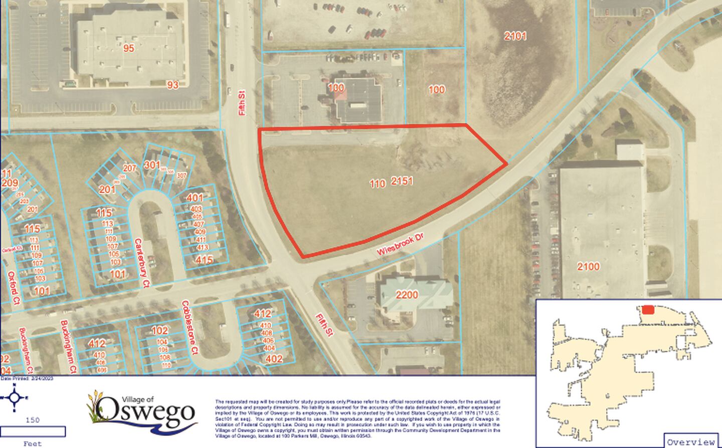 Location map for DeVille Manor, an affordable senior living facility approved in the Village of Oswego at 110 Fifth Street, just north of Wiesbrook Drive. Petitioner DeVille Manor LP was granted village approval unanimously at a Village Board meeting March 7 2023 at Village Hall.