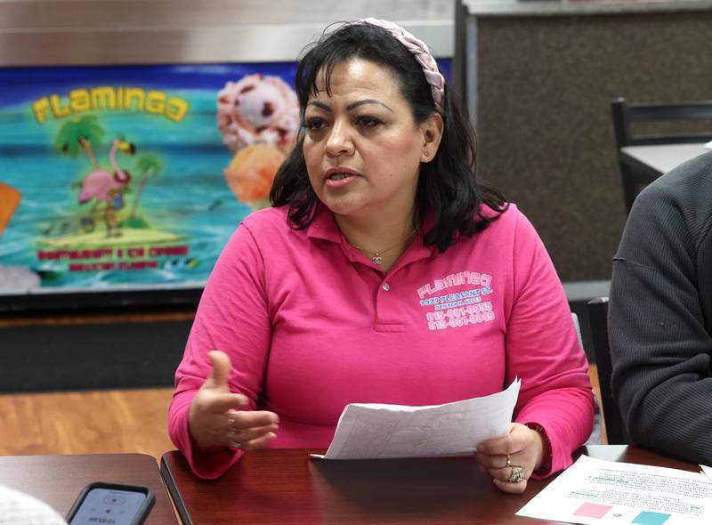 Zendy Lopez, owner of Flamingo Restaurant and Ice Cream in DeKalb, talks about her reasons for participating in a Day Without Immigrants Monday, Feb. 3, 2025, during a meeting at Flamingo Restaurant & Ice Cream in DeKalb. More than 30 DeKalb County businesses closed on Monday to show solidarity in their stance against President Donald Trump’s anti-immigration policy.