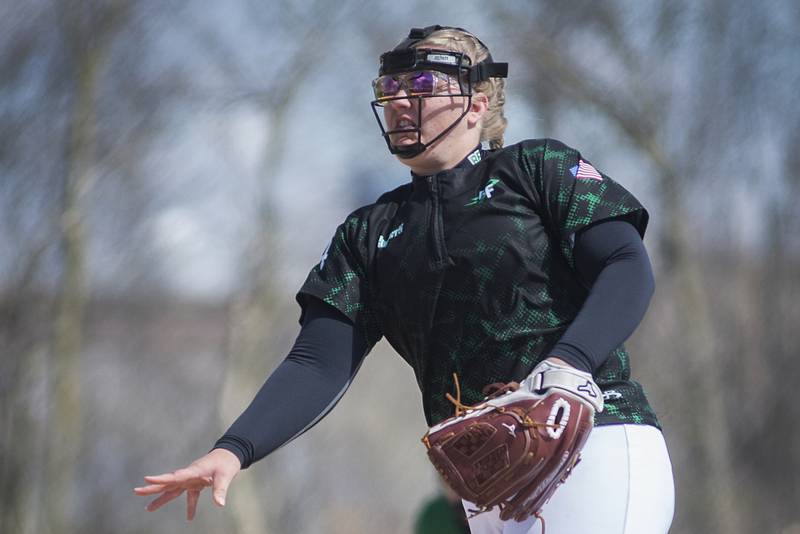 Rock Falls' Abby Whiles fires a pitch Saturday, April 16, 2022 against Bureau Valley.