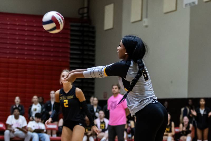 Joliet West's Eden Eyassu passes to a teammate during a varsity volleyball game against Bolingbrook at Bolingbrook on Oct. 16, 2025.